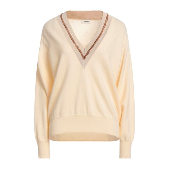 Sandro Women's Bridget Knit V-Neck Sweater In Ivory Wool Cashmere Size 1 / Small - Picture 2 of 16